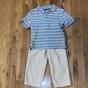 Size 5 little boys casual dress outfit. Khaki pants and gray striped polo.